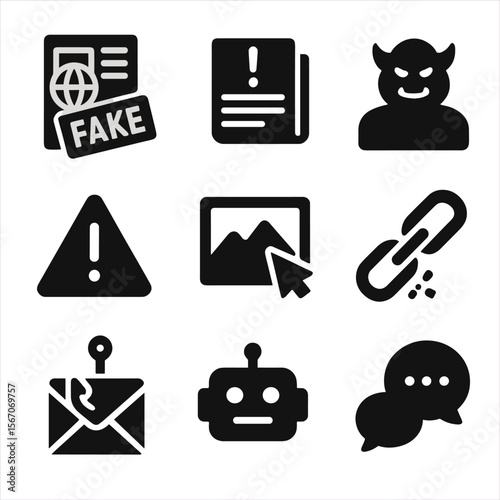 Misinformation Icon Grid. Solid, filled icon set of online misinformation sources: fake news article, misleading headline, troll