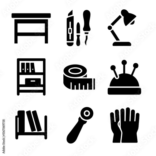 Bookbinding Tool Icons. Solid, filled icons set of bookbinding workspace: workbench, cutting tools, light