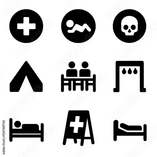Casualty Care Zone Icons. Solid, filled icon set of casualty care zones: red zone, yellow zone, green zone, morgue zone, treatment