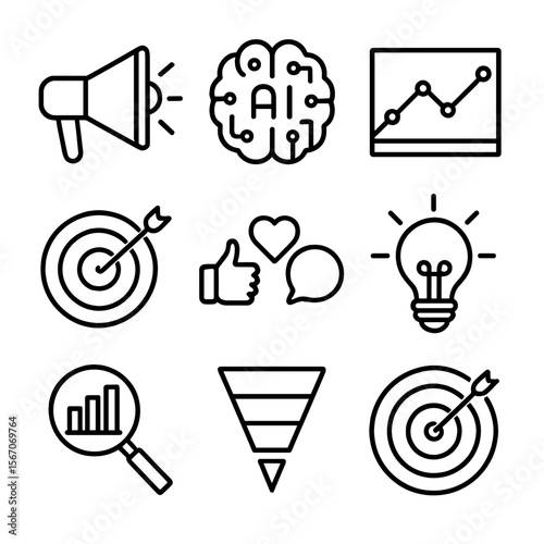 AI Marketing Icon Set. Outline icon set of AI-powered marketing insights: megaphone, AI brain, analytics graph, target board,