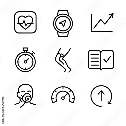 Performance Monitoring Icons. Outline icon set of performance monitoring and metrics: heart rate monitor, GPS watch, performance