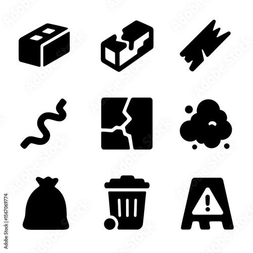Construction Debris Icons. Solid, filled icon set of construction debris: cement block, broken brick, wood plank scrap, metal