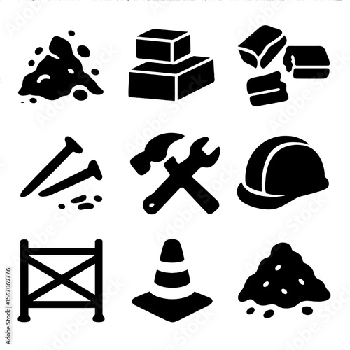 Construction Debris Icons. Solid, filled icon set of remains in construction: rubble, cement blocks, broken bricks, nails, sawdust