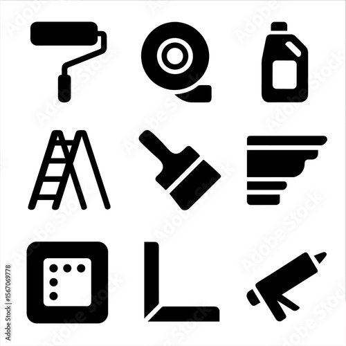 Ceiling Prep Icons Grid. Solid, filled icon set of ceiling and trim prep: ceiling roller, trim tape, molding cleaner, ladder icon,
