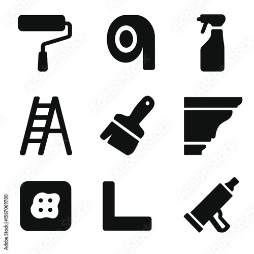 Ceiling Prep Icons Grid. Solid, filled icon set of ceiling and trim prep: ceiling roller, trim tape, molding cleaner, ladder icon,