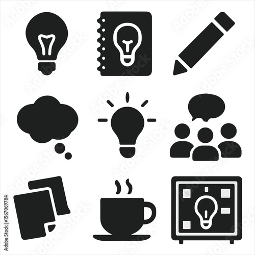 Creative Brainstorming Icons. Solid, filled icons set of creative brainstorming: lightbulb, sketchpad, pencil,