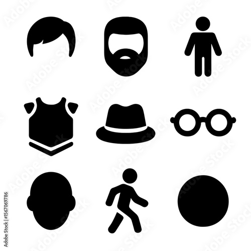 Character Customization Icons. Solid, filled icon set of character customization: hairstyle icon, beard style, clothing outfit,