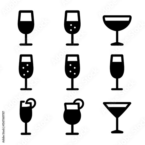 Champagne Toast Icons. Solid, filled icon set of champagne toast drink varieties: rose champagne, brut, demi-sec, sparkling wine,
