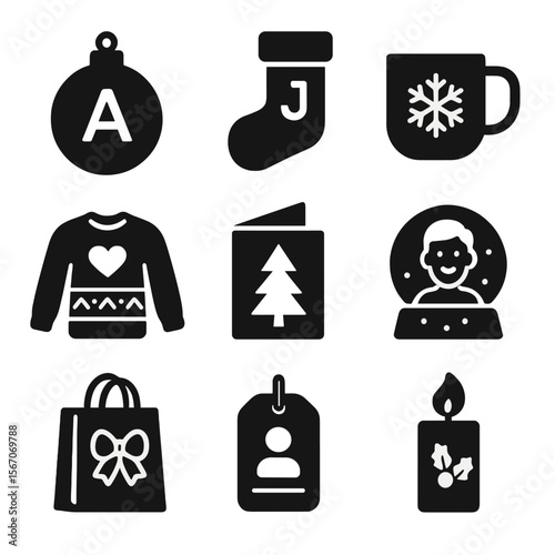Holiday Gift Icons. Solid, filled icons set of holiday-themed personalized gifts: Christmas ornament, custom