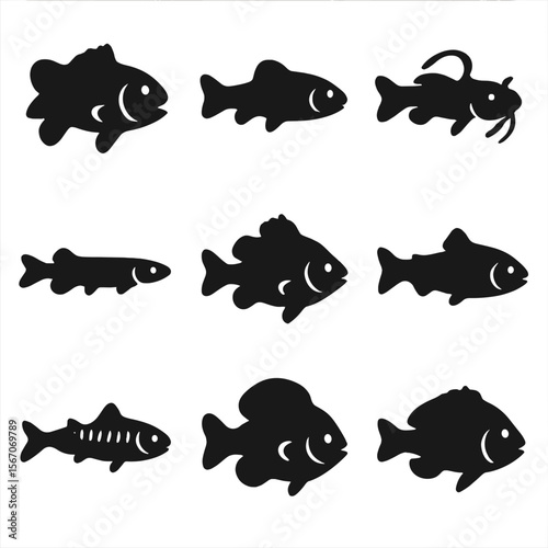 Catch Fish Icons. Solid, filled icon set of common catch fish: bass, trout, catfish, pike, perch, salmon, mackerel, bluegill,