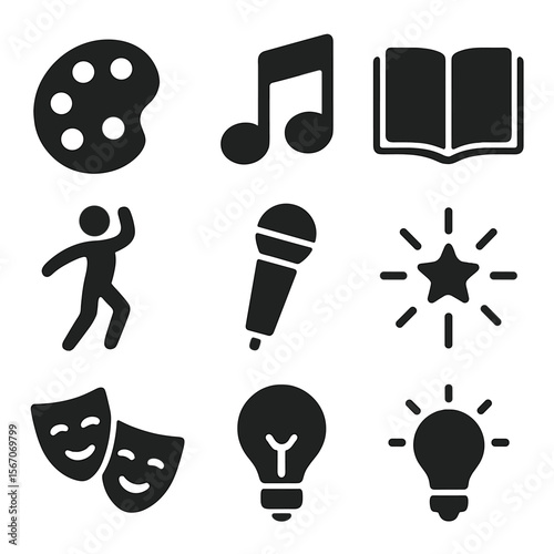 Creative Expression Icons. Solid, filled icons set of self-expression and creativity: paint palette, music