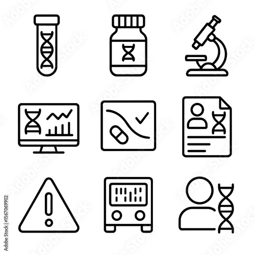 Pharmacogenomic Icon Grid. Outline icon set of pharmacogenomic testing: test tube with DNA strand, pill bottle with genome label,