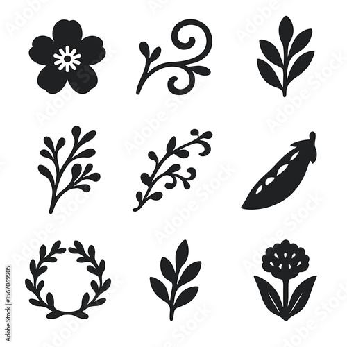 Botanical Icon Collection. Solid, filled icons set of botanical and floral label decor: flower bloom, branch