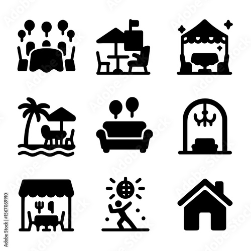 Celebration Venue Icons. Solid, filled icon set of celebration venue types: banquet hall, rooftop terrace, garden party, beach