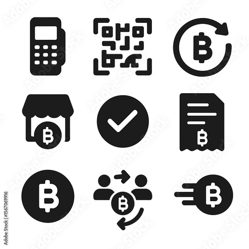 Cryptocurrency Icons Collection. Solid, filled icons set of cryptocurrency payments and transactions: payment