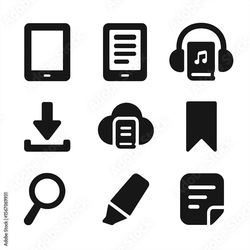Digital Reading Icons. Solid, filled icon set of digital reading: tablet device, e-reader, audiobook headphones, download arrow,