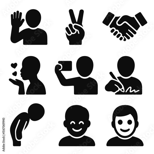 Celebrity Gesture Icons. Solid, filled icon set of celebrity gestures: wave hand, peace sign, handshake, thumbs up, blowing kiss,