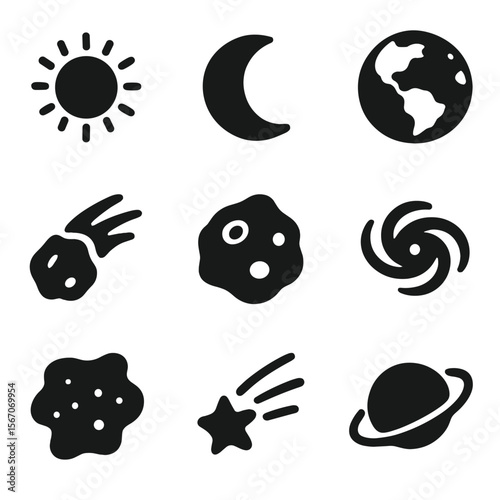 Celestial Icons Grid. Solid, filled icon set of celestial bodies and phenomena: sun, moon, earth, comet, asteroid, galaxy, nebula,