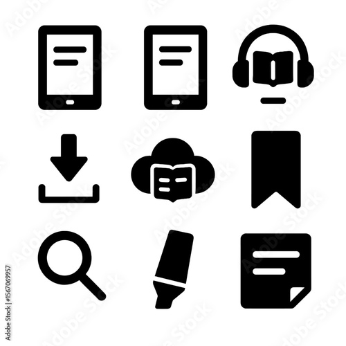 Digital Reading Icons. Solid, filled icon set of digital reading: tablet device, e-reader, audiobook headphones, download arrow,