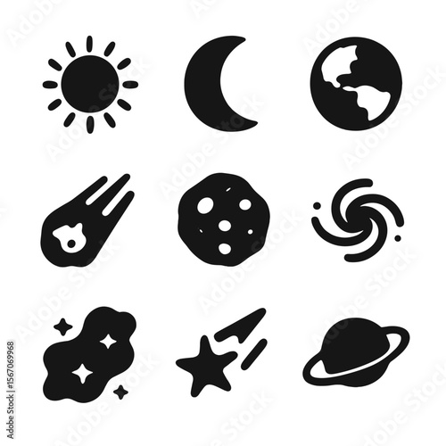 Celestial Icons Grid. Solid, filled icon set of celestial bodies and phenomena: sun, moon, earth, comet, asteroid, galaxy, nebula,