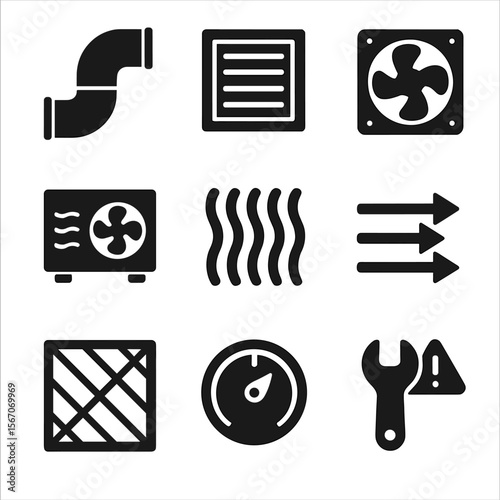 HVAC System Icons. Solid, filled icons set of HVAC system elements: ductwork, air vent, intake fan, cooling