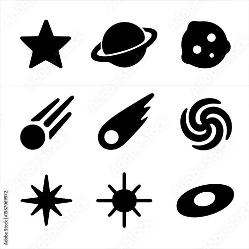 Celestial Icons Grid. Solid, filled icon set of celestial objects: star, planet, asteroid, meteor, comet, galaxy swirl, supernova,