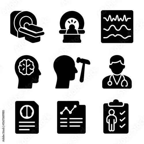 Brain Diagnostics Icons. Solid, filled icons set of brain imaging and diagnostics: MRI machine, PET scan, EEG