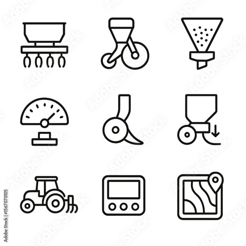 Planting Icon Set. Outline icon set of planting and sowing operations: seed planter machine, precision planter module, seed hopper