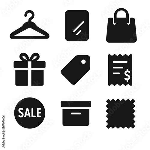 Diverse Icon Sets. Solid, filled icon set of fashion shopping essentials: clothes hanger, mirror, shopping bag, gift box, price