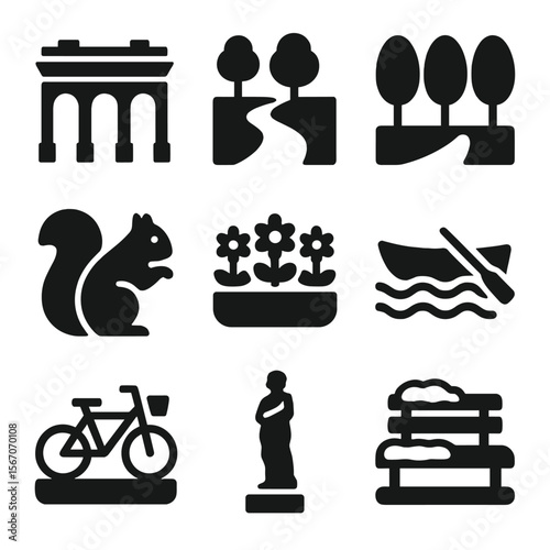 Moscow Park Icons. Solid, filled icon set of Moscow parks and nature: Gorky Park entrance, walking path, tree alley, squirrel,