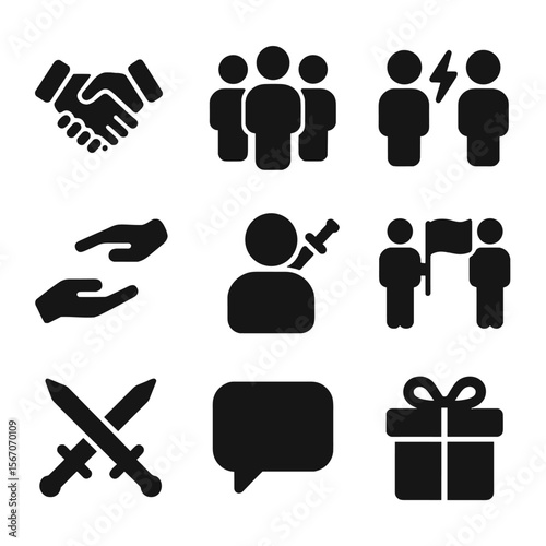 Character Interaction Icons. Solid, filled icon set of character interactions: handshake, team icon, conflict lightning, help hand