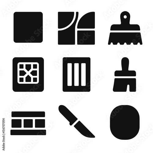 Mosaic Design Icons. Solid, filled icon set of mosaic tabletop design: tile piece, grout line, adhesive spatula, pattern sketch,
