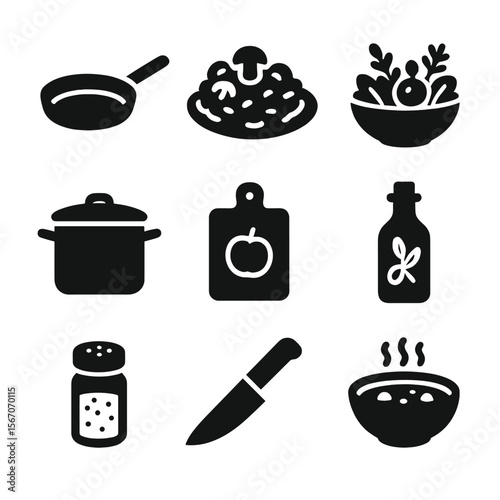 Cooking Icon Set. Solid, filled icon set of cooking with wild foods: sauté pan, mushroom risotto, foraged salad, soup pot,