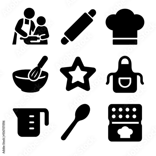 Cooking Icon Set. Solid, filled icon set of parent-child cooking together: rolling pin, mixing bowl, chef hat, cookie cutter,