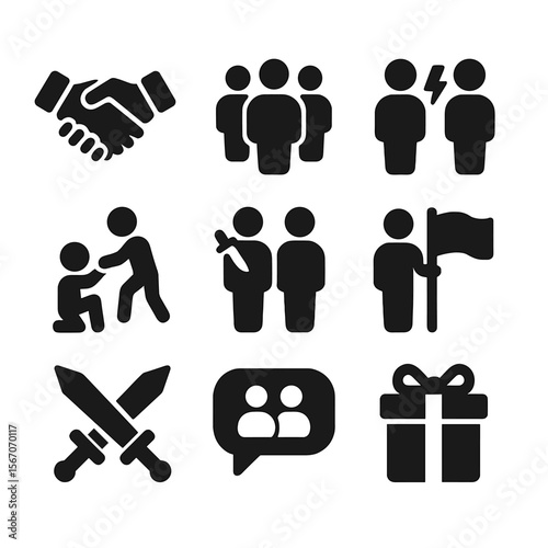 Character Interaction Icons. Solid, filled icon set of character interactions: handshake, team icon, conflict lightning, help hand