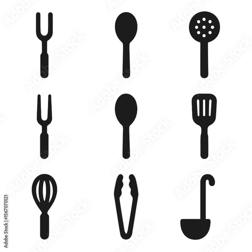 Cooking Utensils Icons. Solid, filled icon set of cooking utensils with fork and spoon: cooking fork, mixing spoon, slotted spoon,
