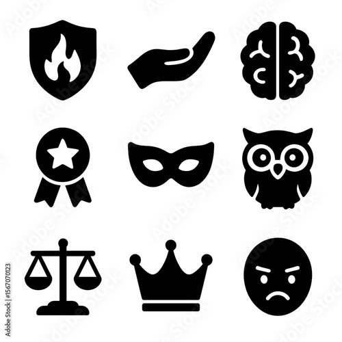 Character Traits Icons. Solid, filled icon set of character traits: courage symbol, kindness hand, intellect brain, loyalty badge,