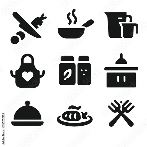 Cooking Icon Set. Solid, filled icon set of cooking a special dinner together: cutting vegetables, sizzling pan, measuring cups,
