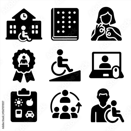 Inclusive Education Icons. Solid, filled icons set of inclusive education: accessible school icon, braille