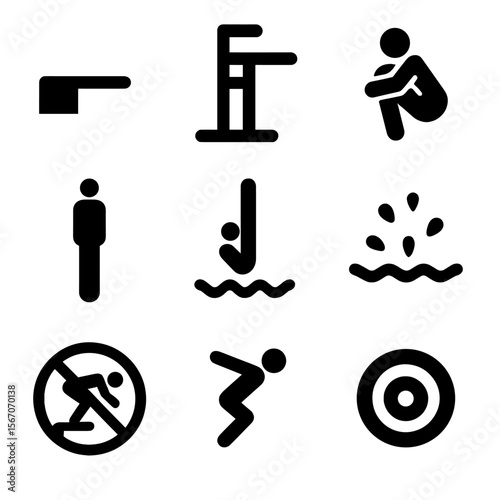 Diving Icons Grid. Solid, filled icon set of swimming pool elements: starting block, lane line, pool ladder, pool tiles,
