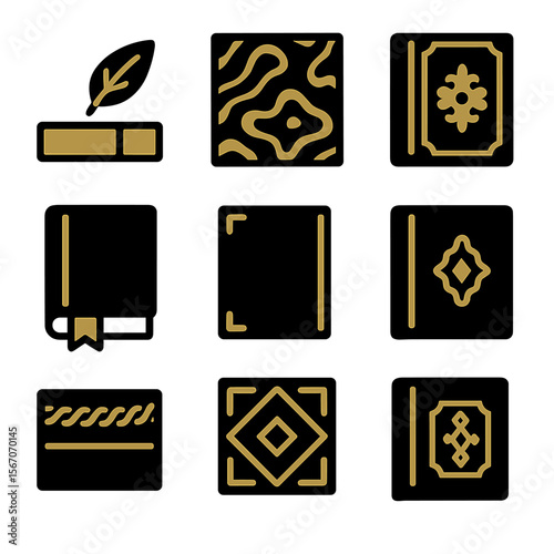 Decorative Bookbinding Icons. Solid, filled icons set of decorative bookbinding: gold leaf, marbled paper,