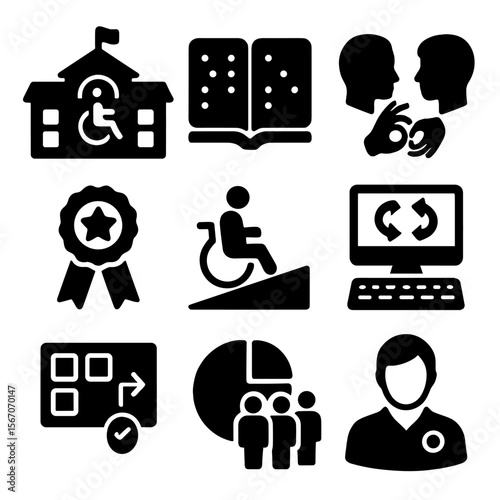 Inclusive Education Icons. Solid, filled icons set of inclusive education: accessible school icon, braille