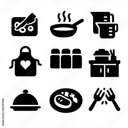 Cooking Icon Set. Solid, filled icon set of cooking a special dinner together: cutting vegetables, sizzling pan, measuring cups,