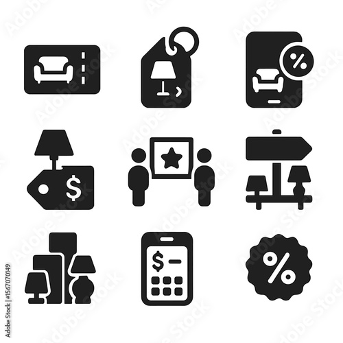 Decor Bargain Icons. Solid, filled icons set of smart shopping for decor bargains: coupon icon, clearance tag,