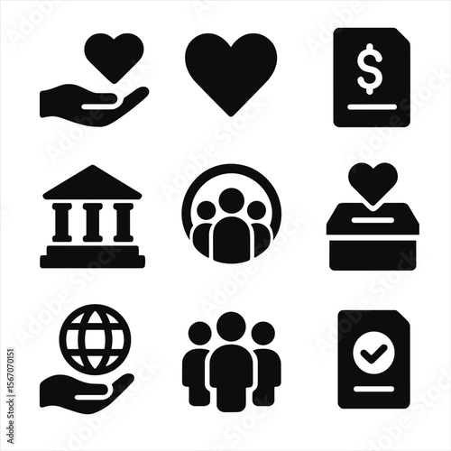 Charity Icon Set. Solid, filled icon set of charitable foundations: donation hand, heart icon, funding document, nonprofit
