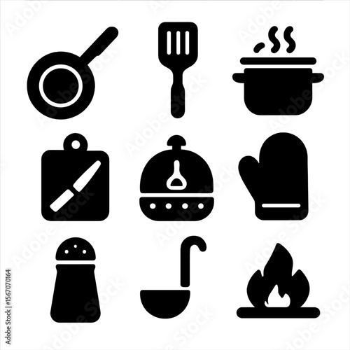 Cooking Icon Set. Solid, filled icon set of daily cooking moments: frying pan, spatula, boiling pot, chopping board, kitchen timer