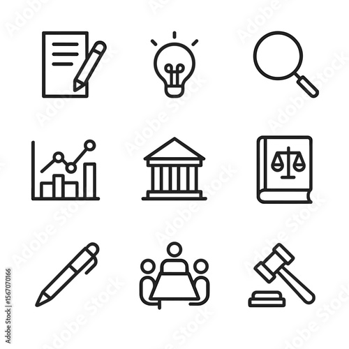 Policy Icon Set. Outline icon set of policy drafting and analysis: draft document, lightbulb idea, magnifying glass, data chart,