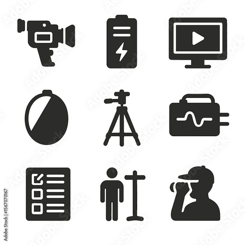 Indie Film Crew Essentials. Solid, filled icons set of indie film crew essentials: handheld camera, battery
