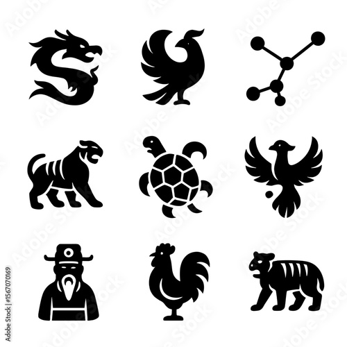 Chinese Mythical Icons. Solid, filled icon set of Chinese constellation myths: Dragon, Phoenix, Big Dipper, White Tiger, Black