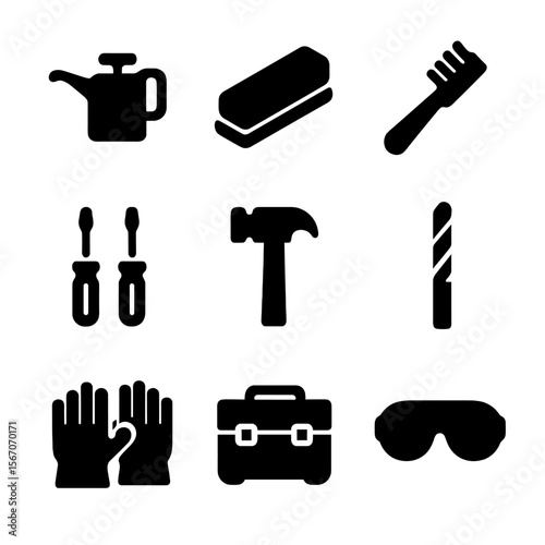 DIY Tools Icon Set. Solid, filled icon set of DIY tools maintenance: oil can, sharpening stone, tool cleaning brush, screwdriver